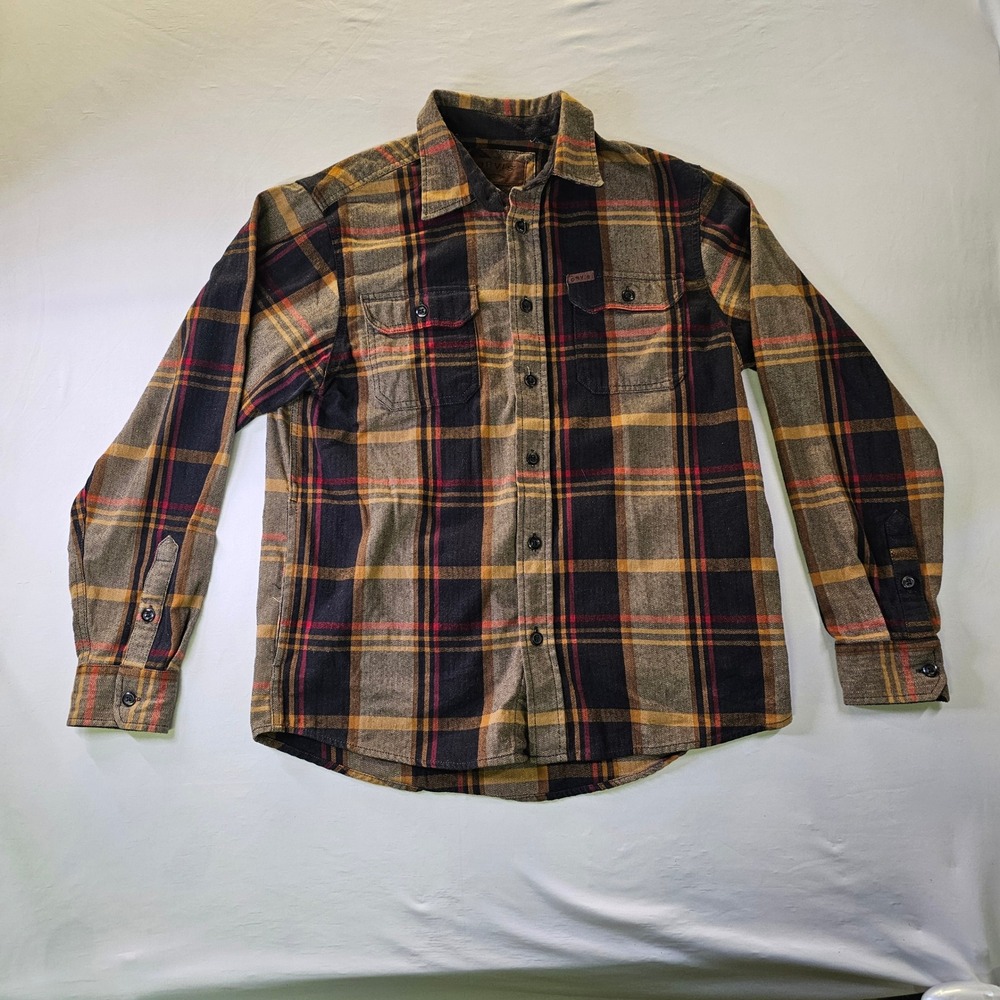 Orvis Classic Mens Medium Plaid Flannel Shirt Lined pockets Brown Gold Shacket